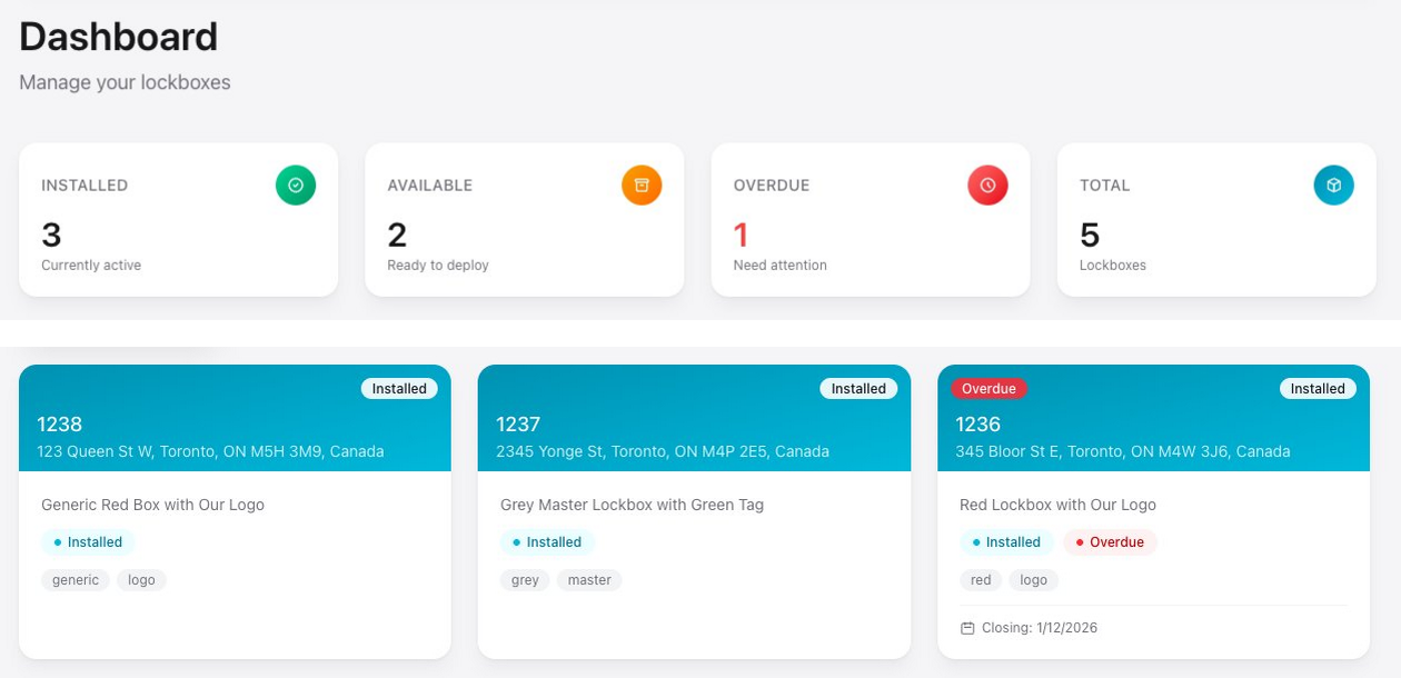 SLIM dashboard showing lockbox inventory status and tracking cards